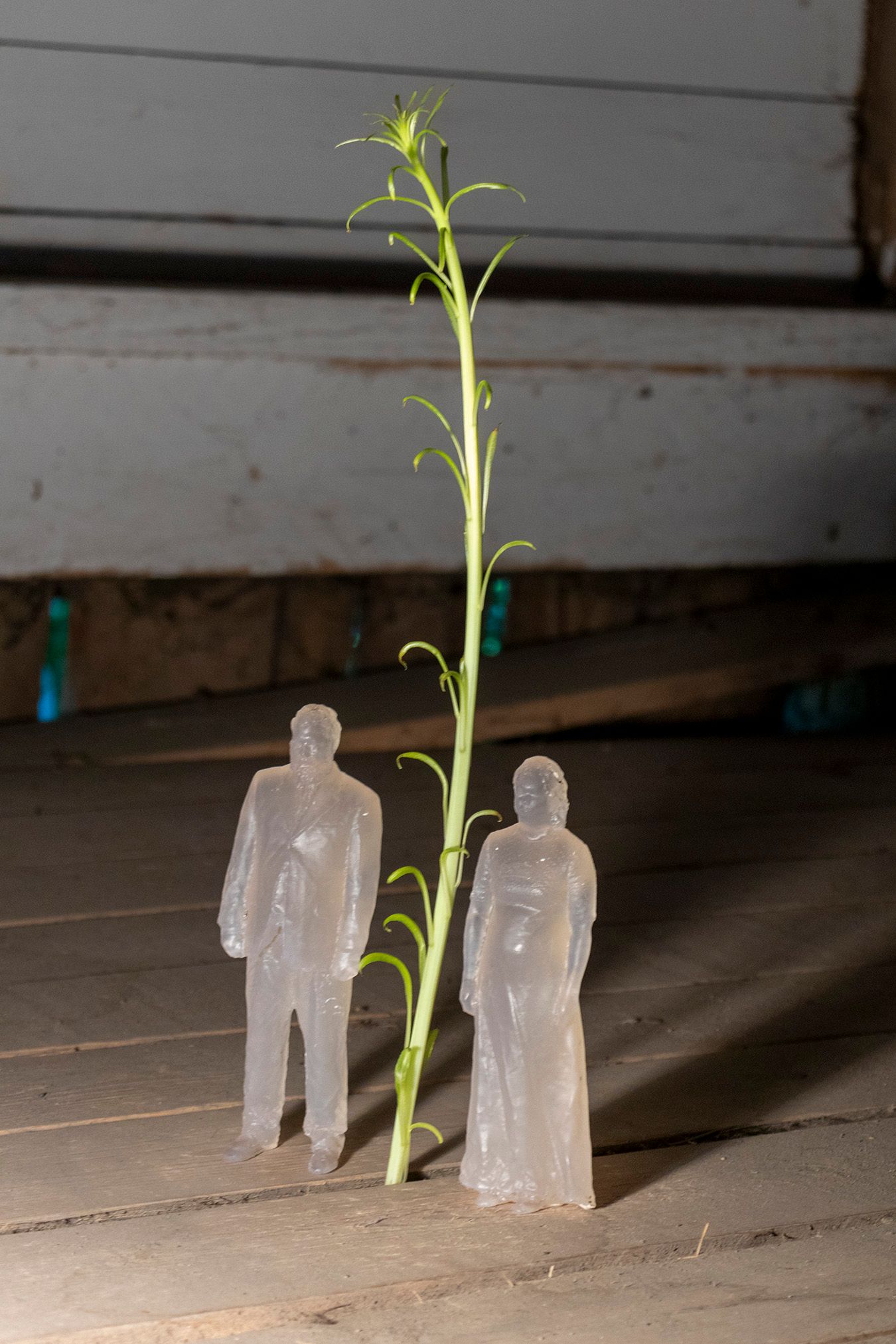 3D-printed figures of Mammu and Pasi standing next to a plant sprouting from between floorboards.